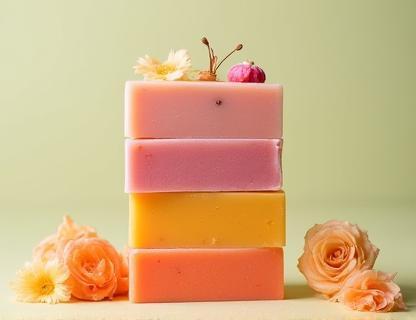A colorful stack of various artisan handmade soap bars with visible textures